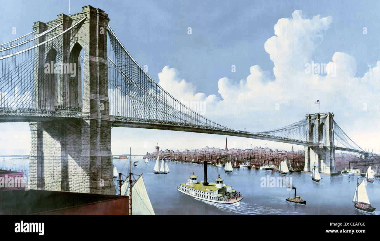 Il Ponte di Brooklyn il grande East River sospensione ponte: collegamento della città di New York e Brooklyn vista da Brooklyn, guardando ad ovest, circa 1886 Foto Stock