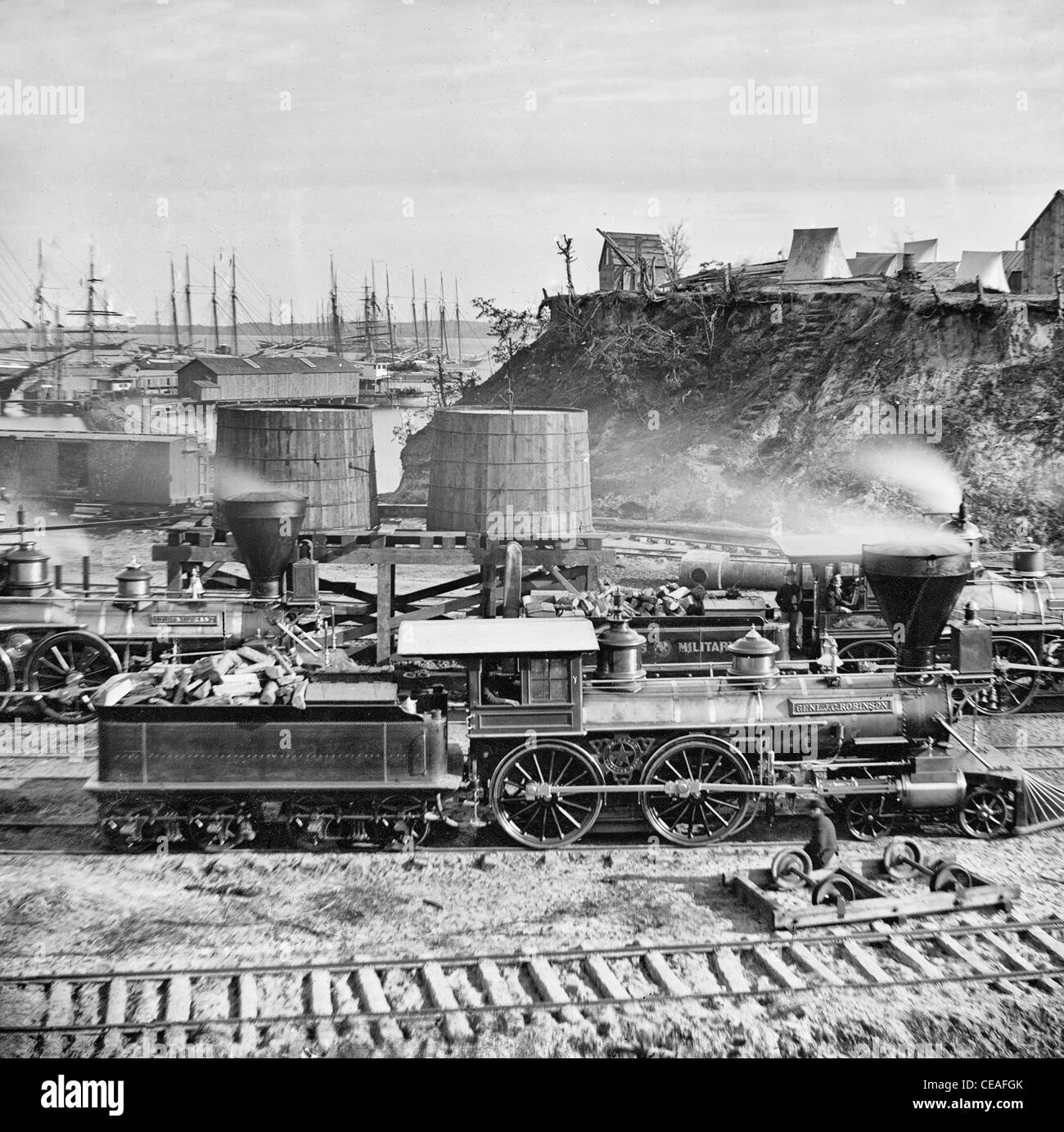 Punto città, Virginia "gen. J. C. Robinson' e altre locomotive di Stati Uniti Ferrovia militare USA GUERRA CIVILE Foto Stock