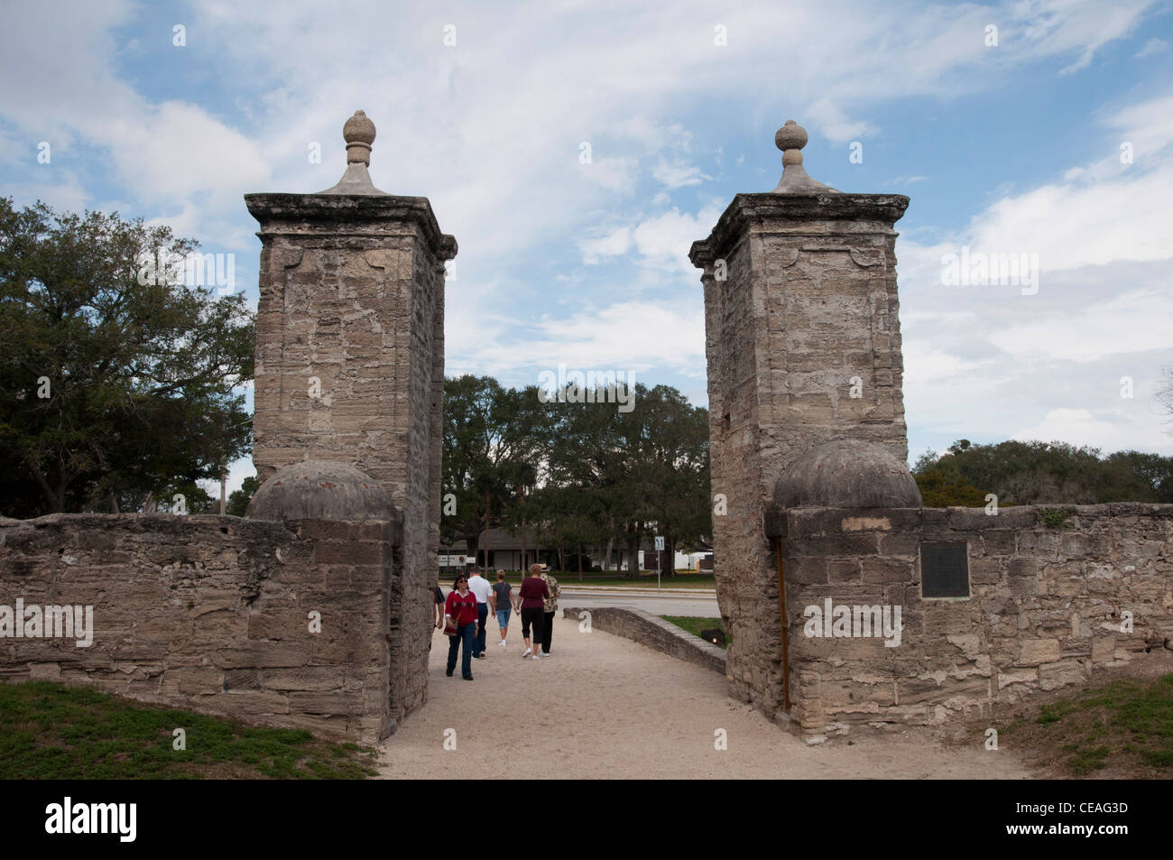 La pietra del patrimonio city gate, St Augustine, Florida, Nord America, Stati Uniti d'America, Stati Uniti Foto Stock