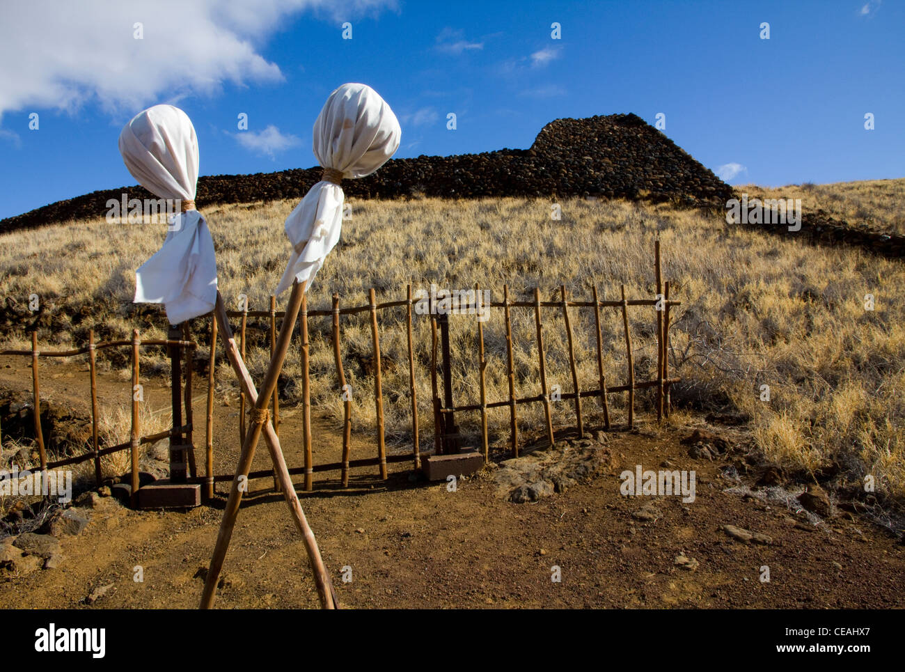 Pietra sacra tempio costruito da Kamehameha I (1790), Pu'ukohola Heiau National Historic Site, vicino Kawaihae, Big Island delle Hawaii, Foto Stock