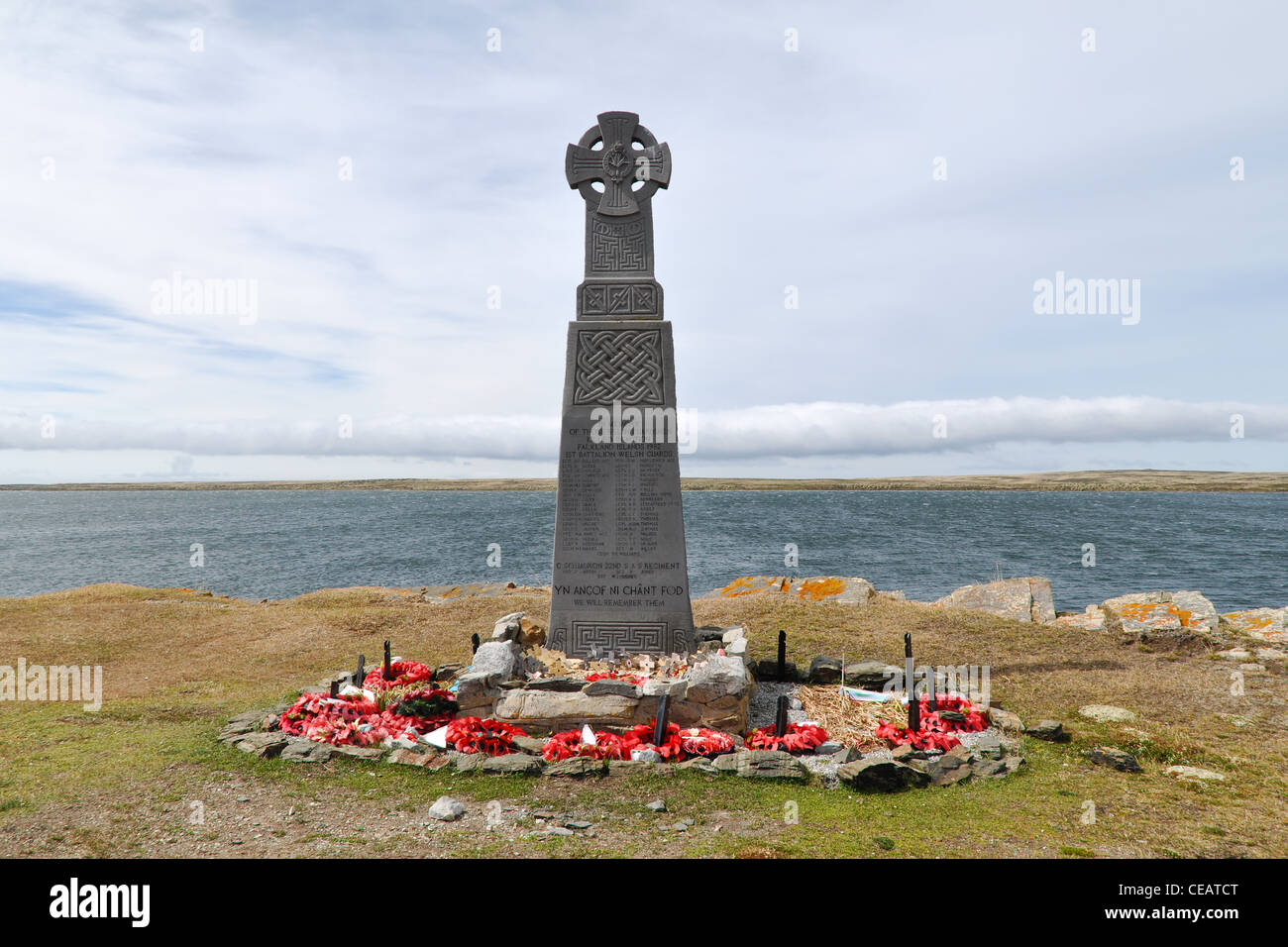 Protezioni Welsh Memorial a Bluff Cove Isole Falkland. Foto Stock