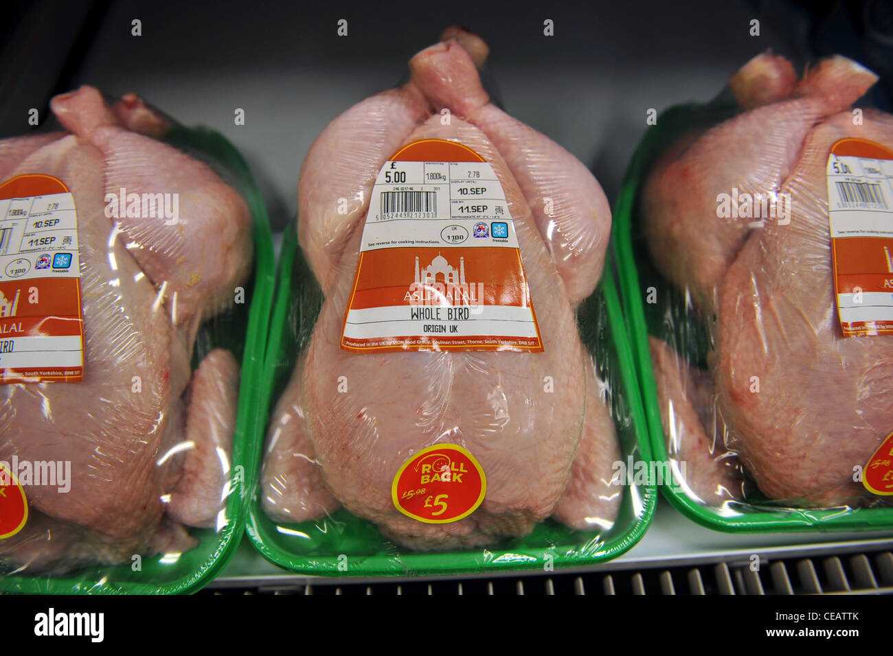 Halal chicken in vendita presso la Asda Foto Stock