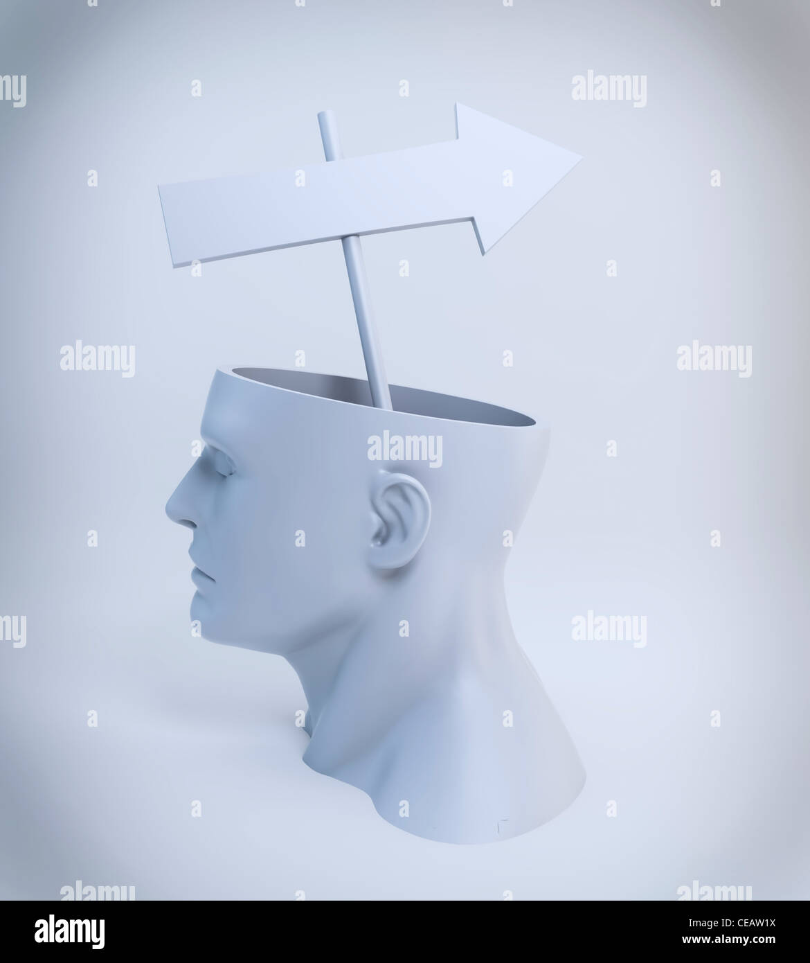 Una strategia o di un modo di pensare concetto - un segno di freccia comming out di una testina aperta Foto Stock