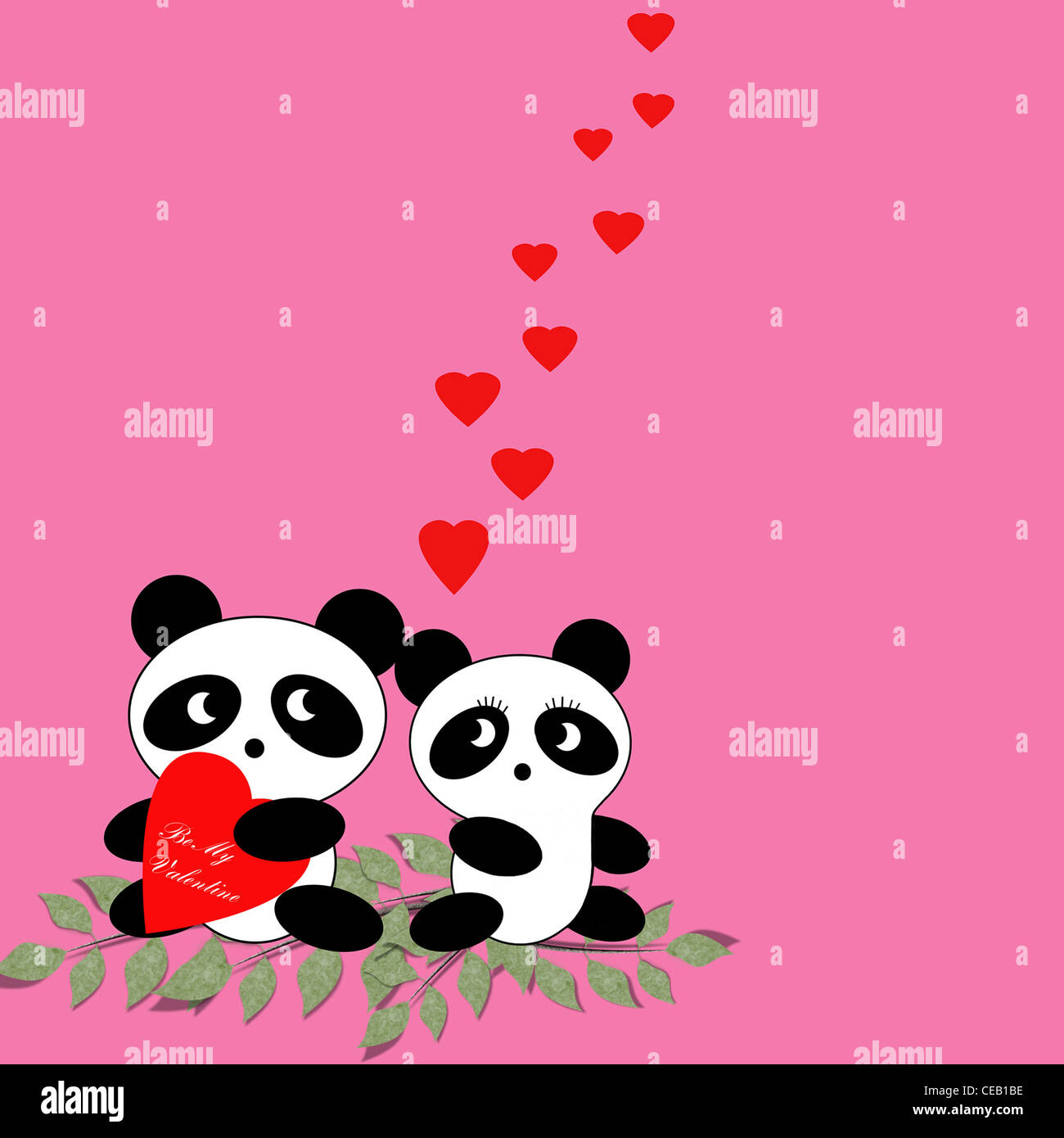 Panda Valentine; un maschio e femmina azienda panda rosso cuore di san valentino, guardando a femmina, in piedi su foglie di bambù, cuori in aumento. Foto Stock
