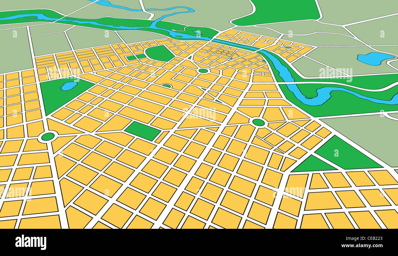 Mappa o un piano generico della città urbana che mostra strade e parchi in angolo di prospettiva Foto Stock