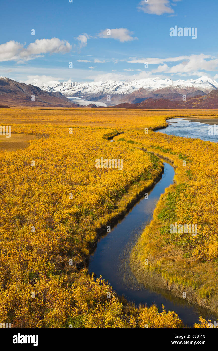 Vista panoramica del ghiacciaio di Maclaren, Maclaren River Valley e l est Alaska Range montagne nel tardo autunno in Interior Alaska. Foto Stock