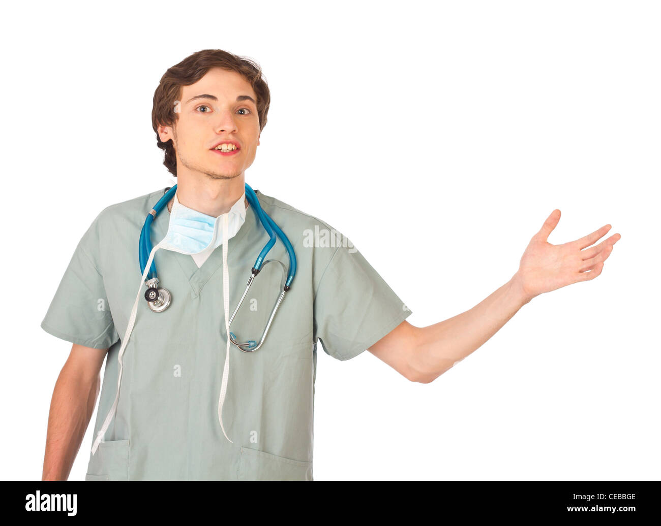 Attraente giovane maschio medico rendere permanente la presentazione Foto Stock