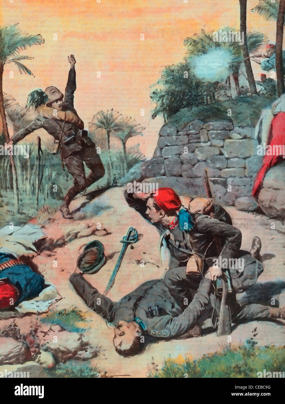 Sotto il fuoco nemico. eroica dedicata e raccogliere il corpo morto di loro capitano durante la guerra Italo-Turkish, 1912 Foto Stock