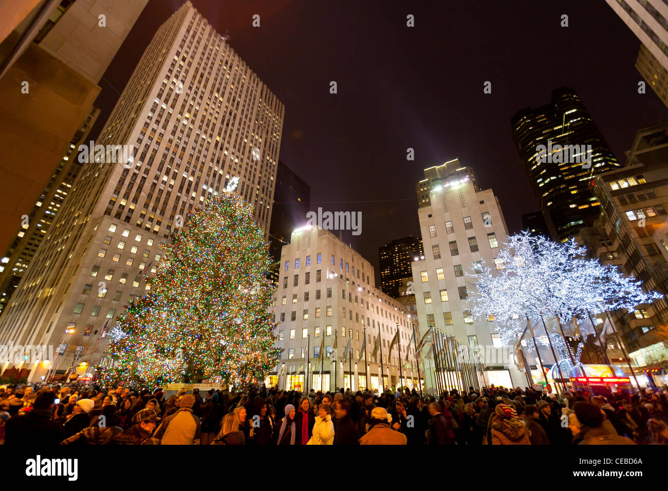 L'albero di Natale al Rockefeller Center di notte con turisti e visitatori. Foto Stock