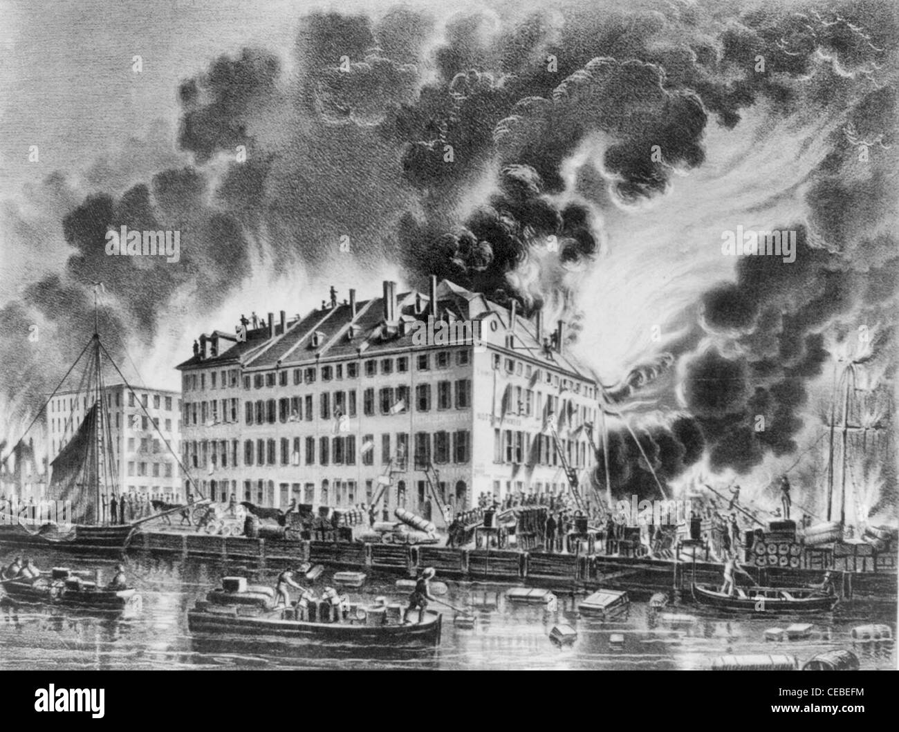 Vista la grande conflagrazione del Dic. XVI e XVII, 1835; da Coenties Slip, New York City Fire Foto Stock