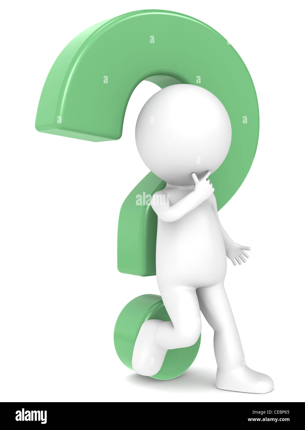 3d carattere umano appoggiato contro un punto interrogativo verde si Foto Stock