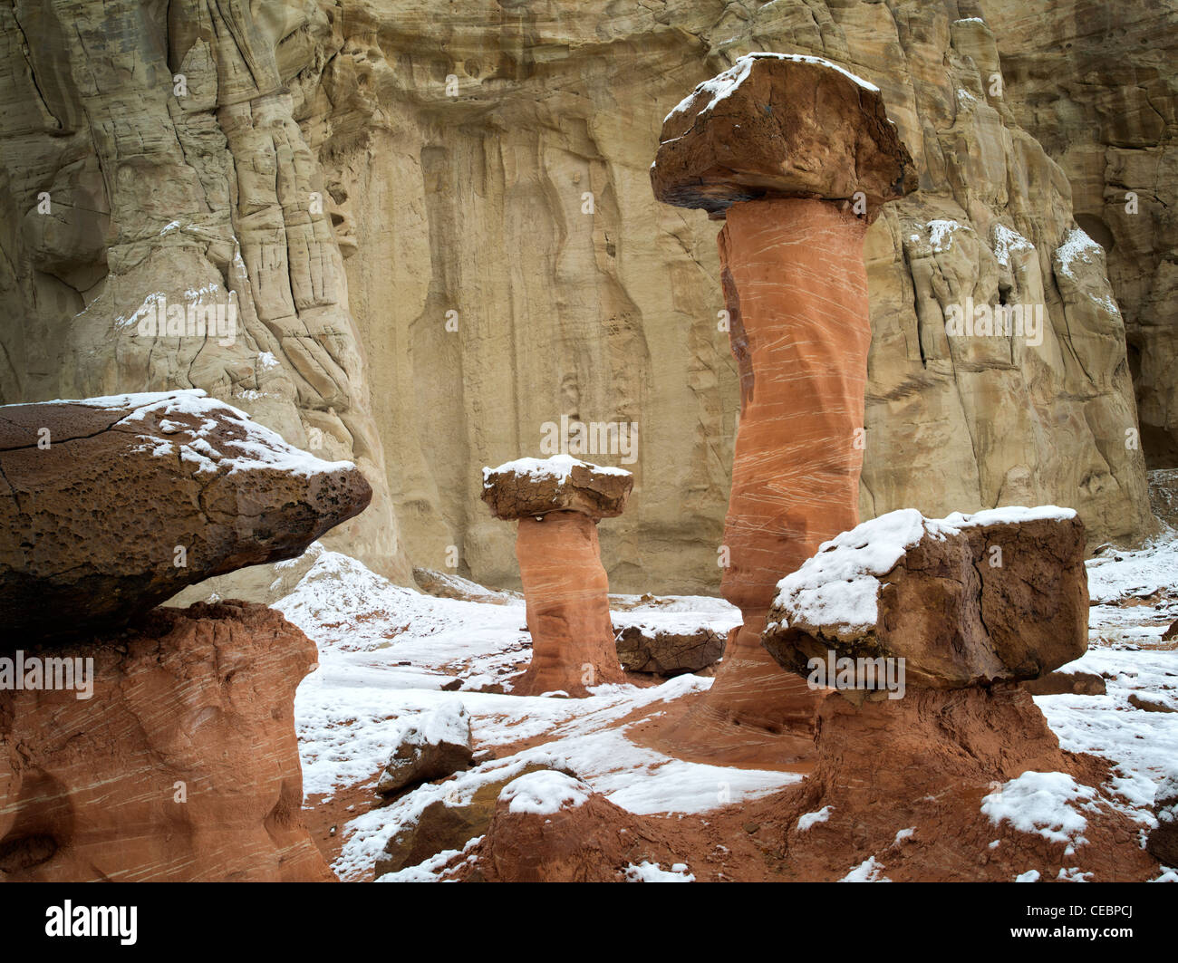 Hodoos con neve a Toadstool la formazione nella scala di Escalante National Monument, Utah Foto Stock