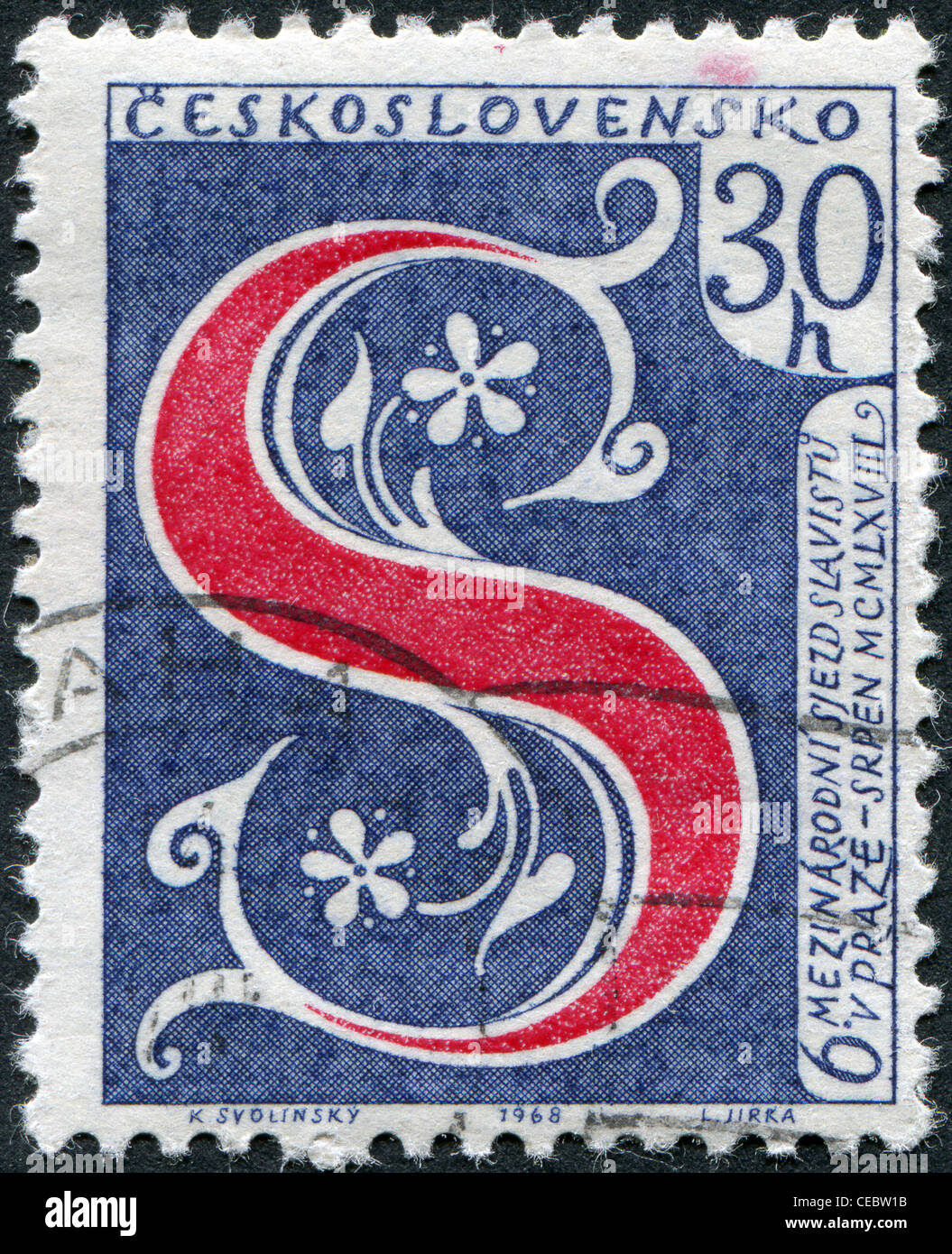6 dedicato internazionale Congresso slavo di Praga, mostra l'emblema con la lettera S, circa 1968 Foto Stock