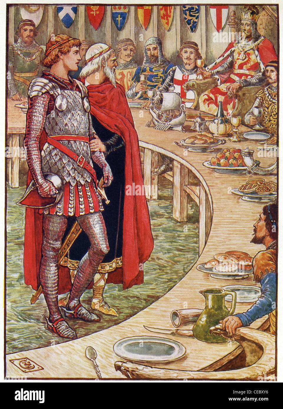 Galahad è portato da un vecchio cavaliere ad Arthur e mostrato all'Assedio pericoloso, la sedia alla tavola rotonda. Foto Stock