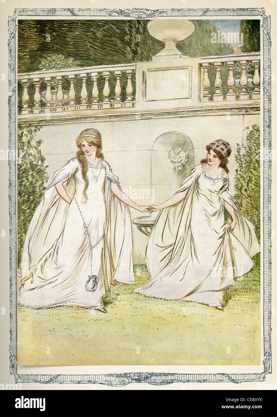 Questa immagine mostra Rosalind in fuga il suo zio in tribunale per il Forest of Arden con sua cugina Celia. Foto Stock