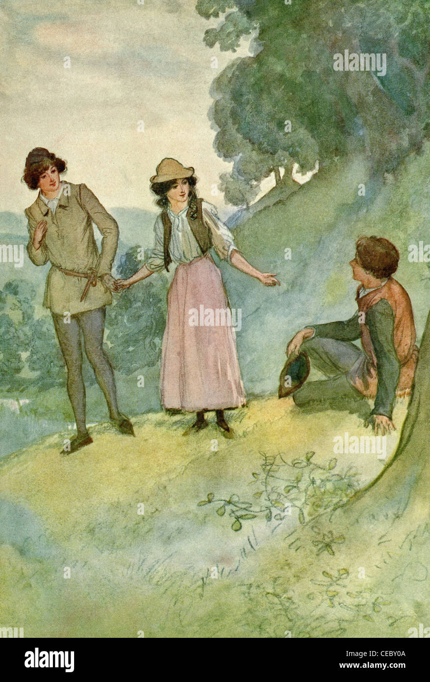 In questa immagine da atto IV, Scena I, viene posta la domanda - sarà Orlando sono a mia moglie questo Rosalind? Foto Stock