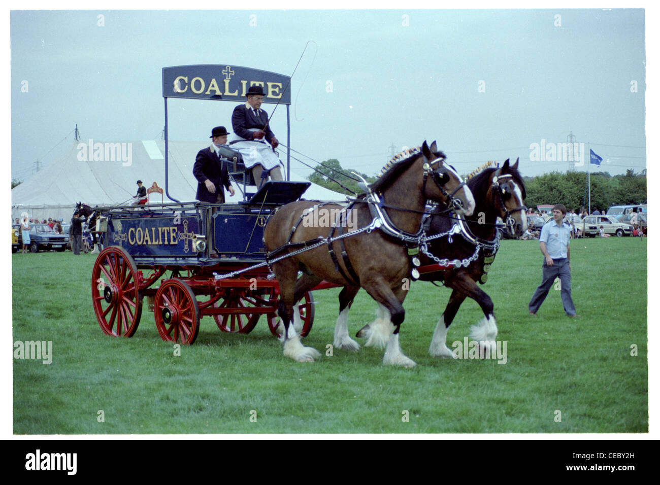 Coalite cavallo e carrello di legno trainato da due pesanti shire cavalli al Snaith annuale mostra in East Yorkshire Foto Stock