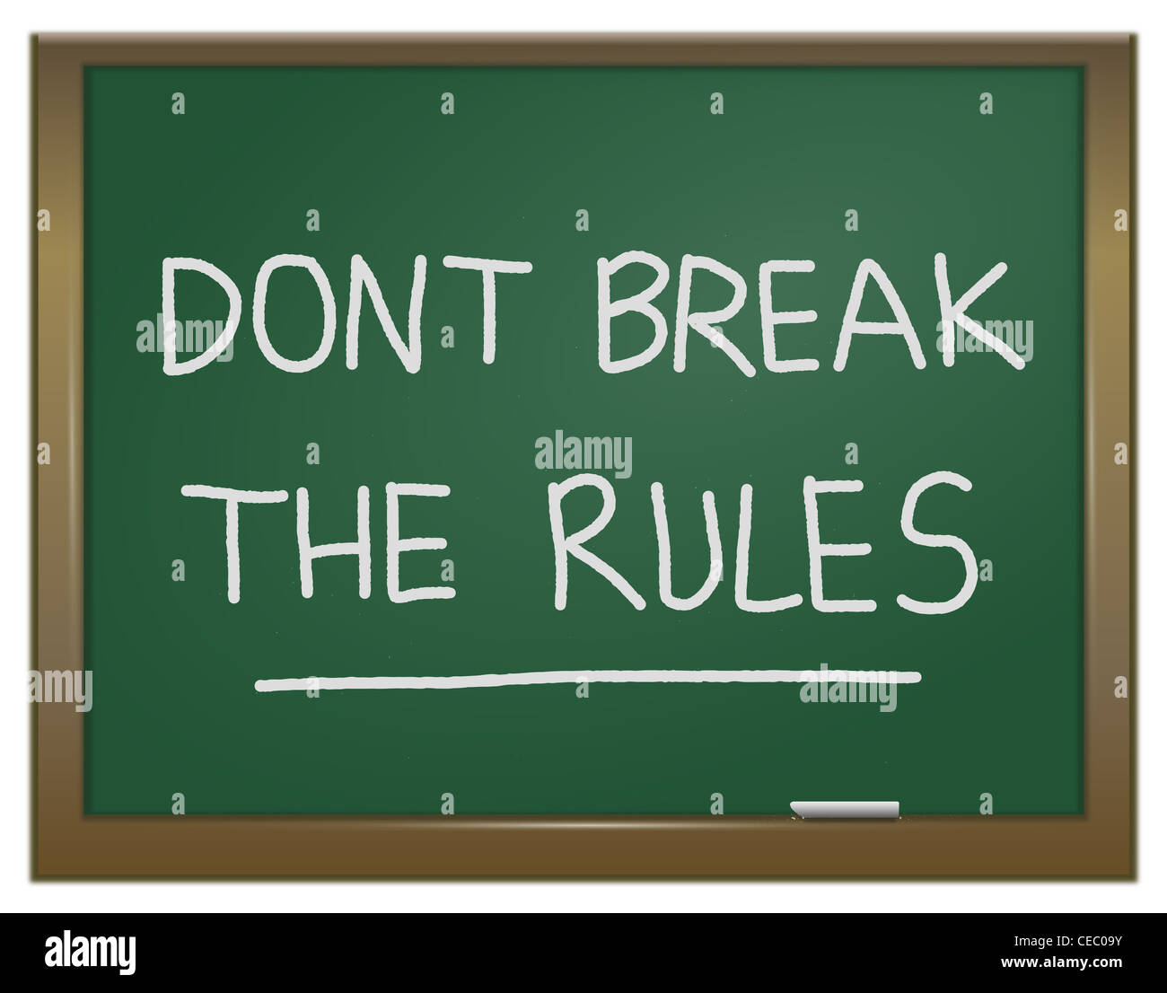 Illustrazione raffigurante un verde chalk board con la dicitura "ont rompere le regole' scritto su di esso in gesso bianco. Foto Stock