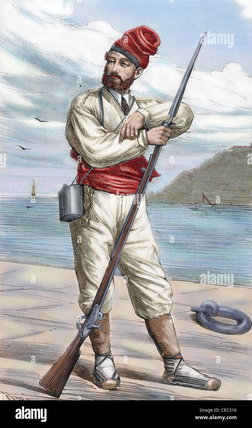 I dieci anni di guerra (1868-1878), conosciuta anche come la Grande Guerra e la guerra del '68. Il catalano volontario. Incisione colorata. Foto Stock
