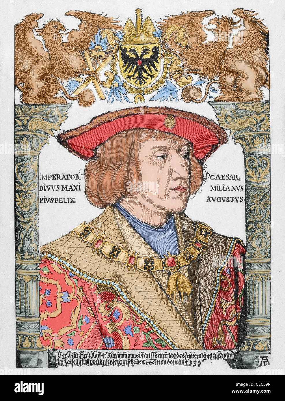 Massimiliano I (1459-1519). Re dei Romani e imperatore del Sacro Romano Impero. Incisione di Albrecht Dürer. Colorati. Foto Stock