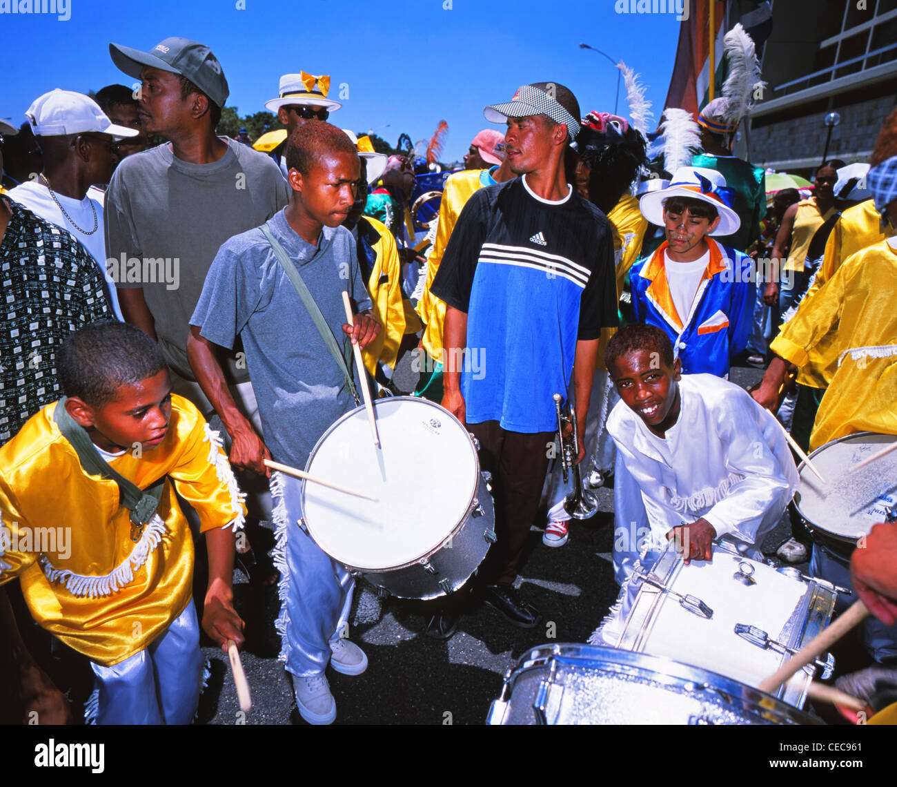 Il carnevale batteristi, menestrello Carnevale (Kaapse Klopse) Cape Town, Sud Africa Foto Stock