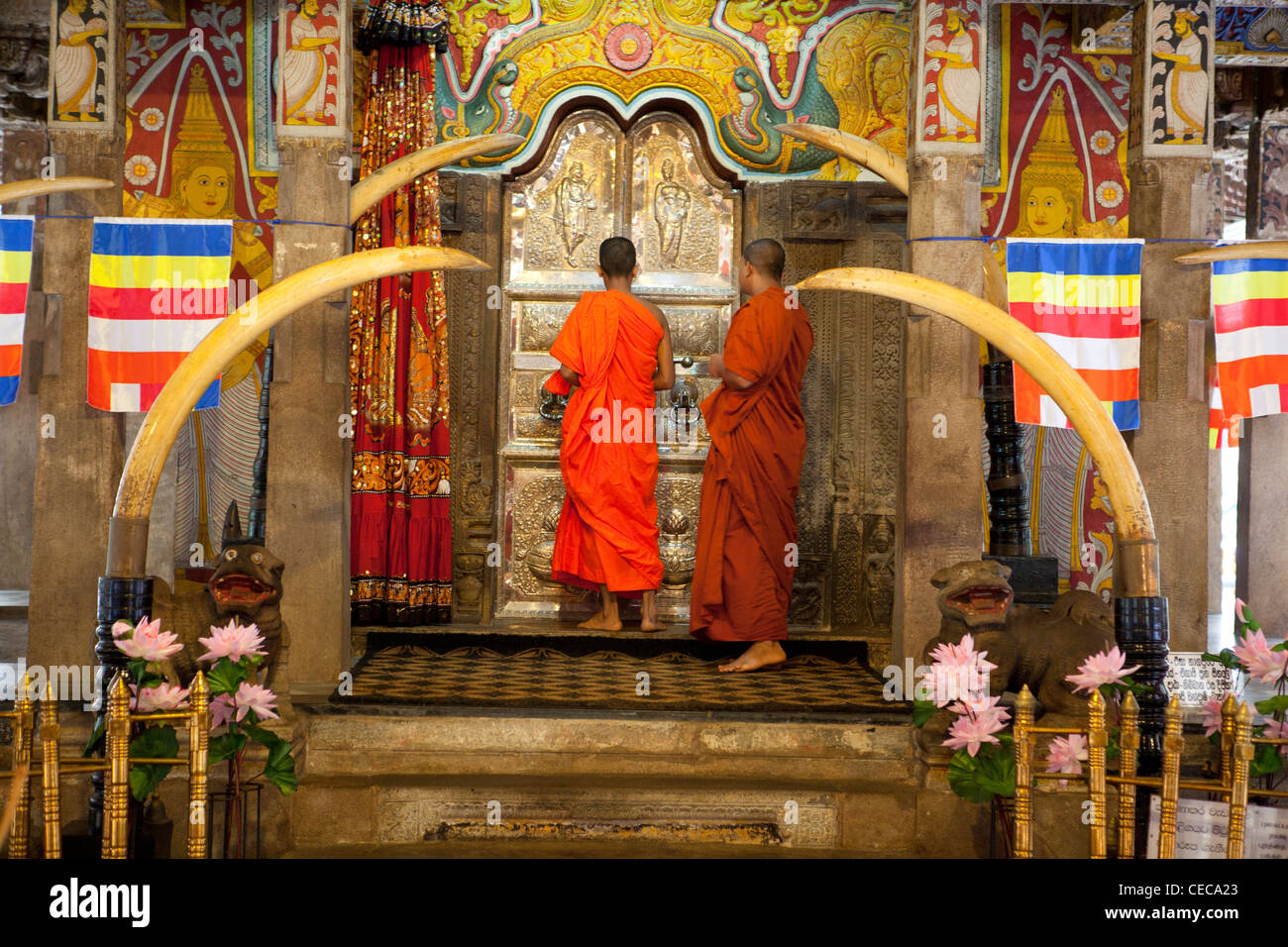 Dente di monaci santuario puja Tempio del Sacro Dente reliquia Kandy Sri Lanka asia Foto Stock