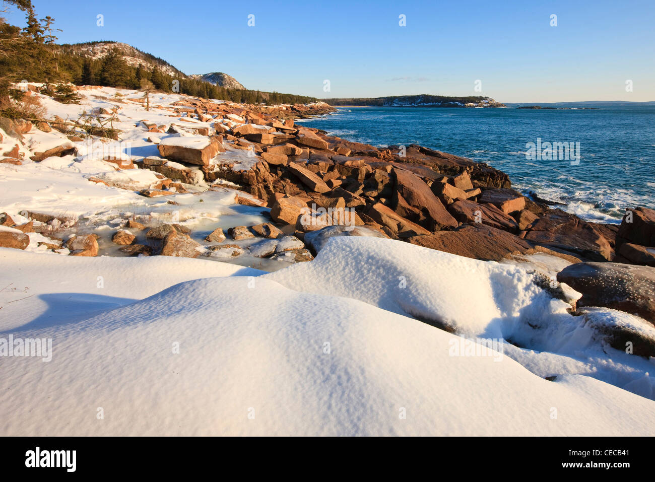 Un inverno mattina sulla costa del Maine nel Parco Nazionale di Acadia. Ocean Drive sezione del parco. Foto Stock