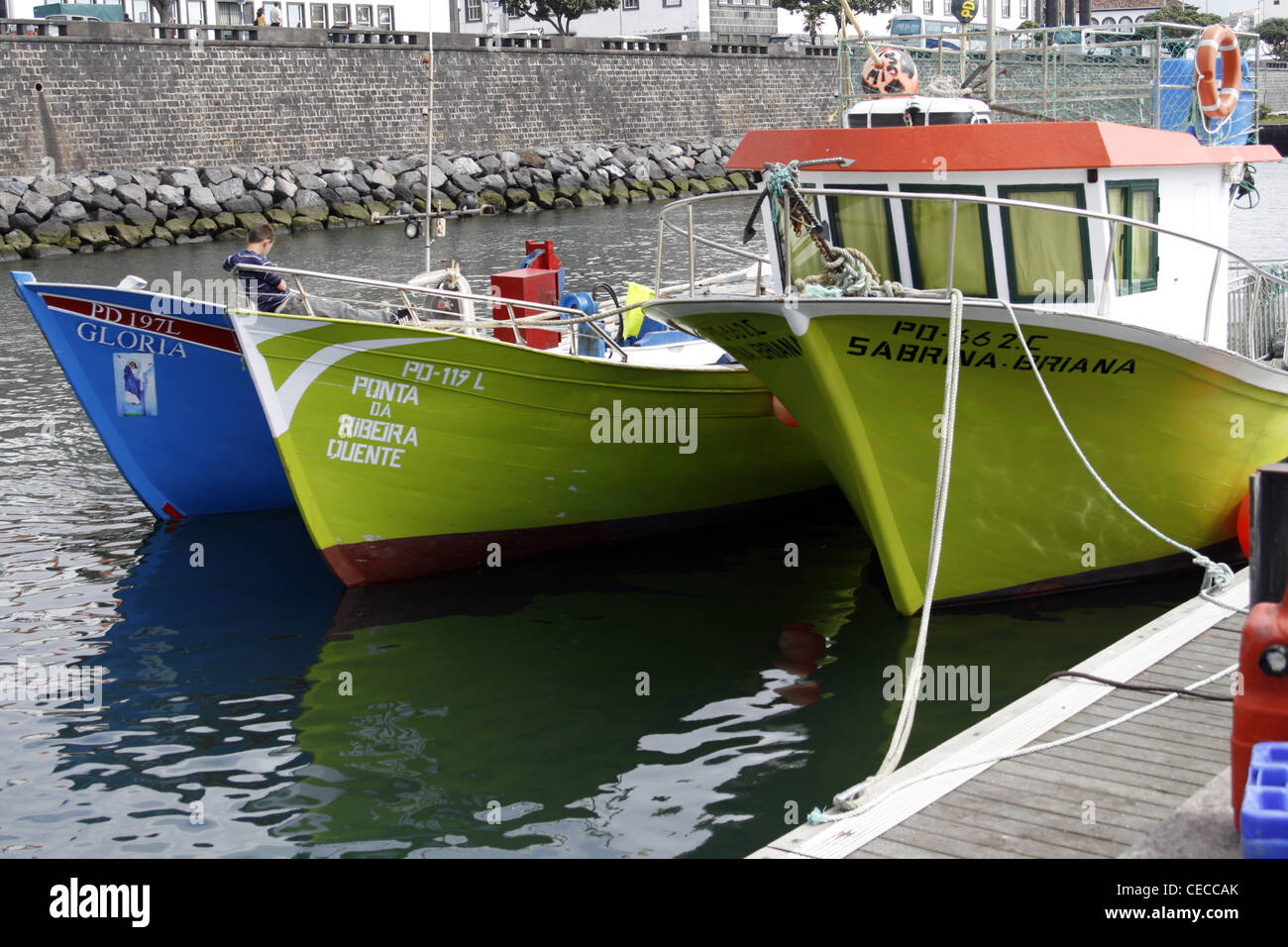 Azzorre San Miguel Island Portogallo Ponta Delgada waterfront pesce pier barche Foto Stock