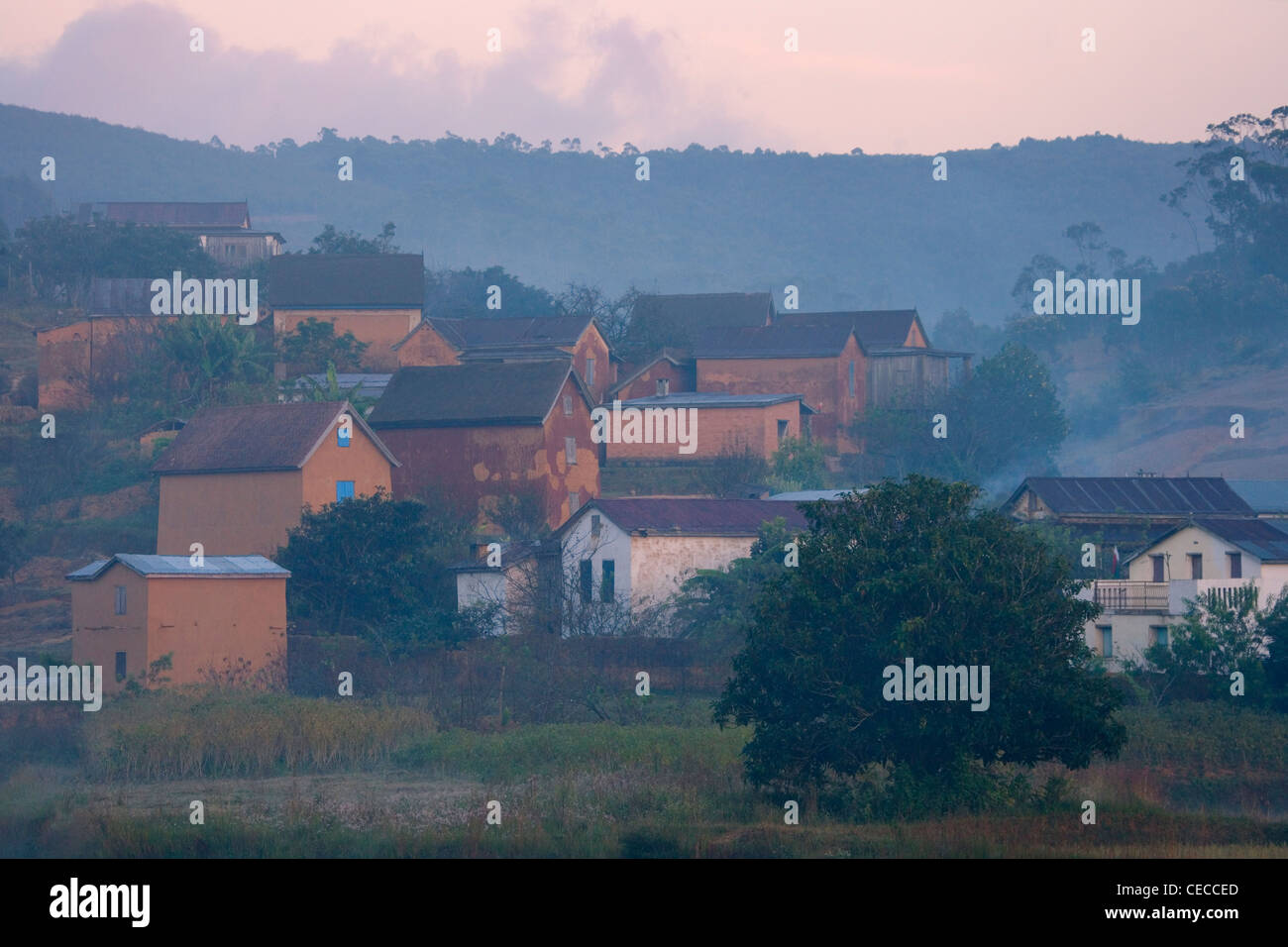 Case di villaggio nella nebbia mattutina, Madagascar Foto Stock