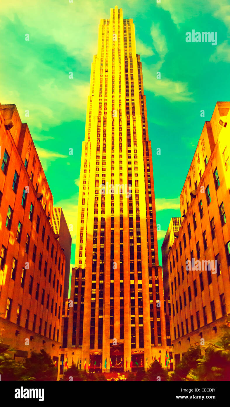 30 Rockefeller Center, GE Building, Rockefeller Plaza, Manhattan, New York City, Stati Uniti d'America, in un colorato stile vintage, 2012 Foto Stock