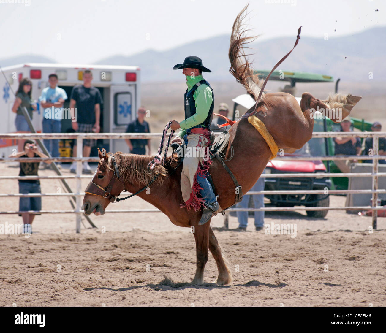 Socorro, Nuovo Messico, Stati Uniti d'America. Concorrente nel bronco riding evento durante il rodeo annuale tenuto in Socorro, Nuovo Messico. Foto Stock
