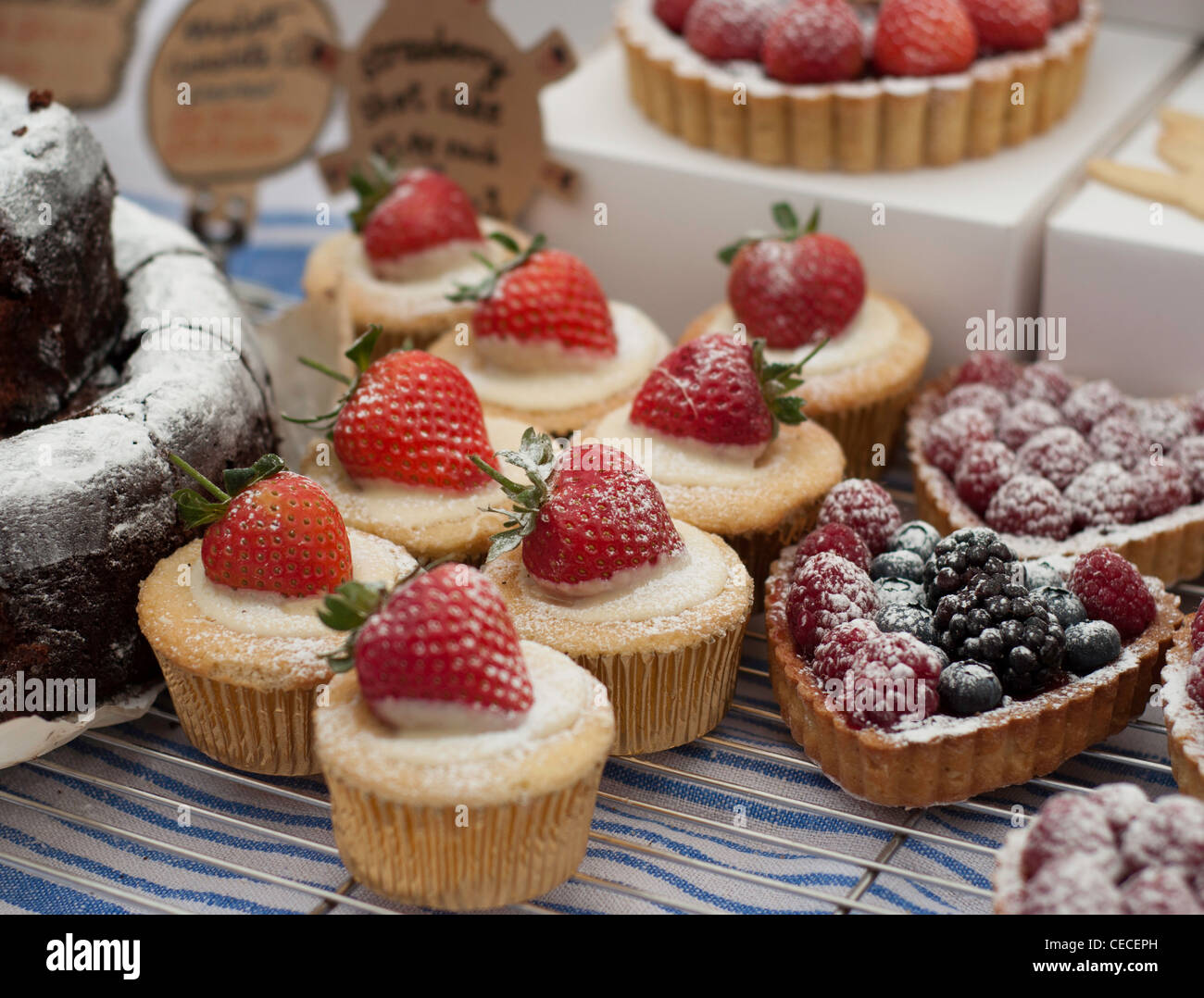 Fragole e panna mini torte a base di pan di spagna Foto Stock
