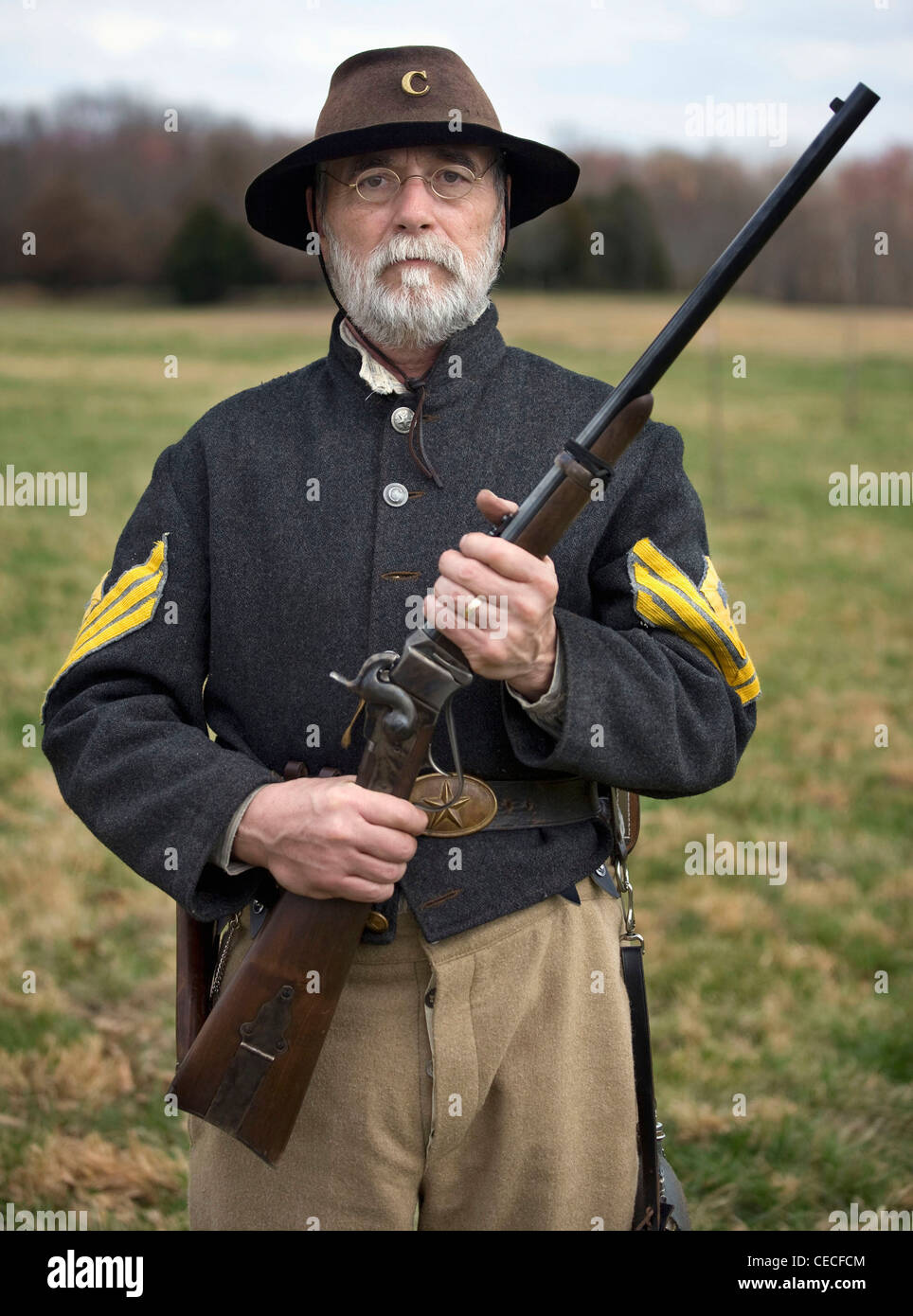 Reenactor del settimo cavalleria del Tennessee, la società C durante un raduno al crocevia di Parkers, Tennessee. Foto Stock