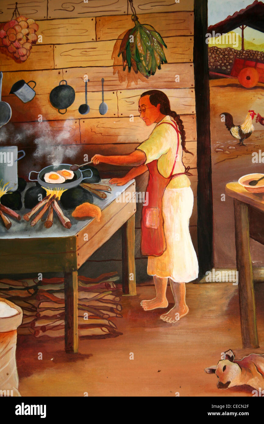 La pittura di un tradizionale Costa Rican Scena di cucina Foto Stock