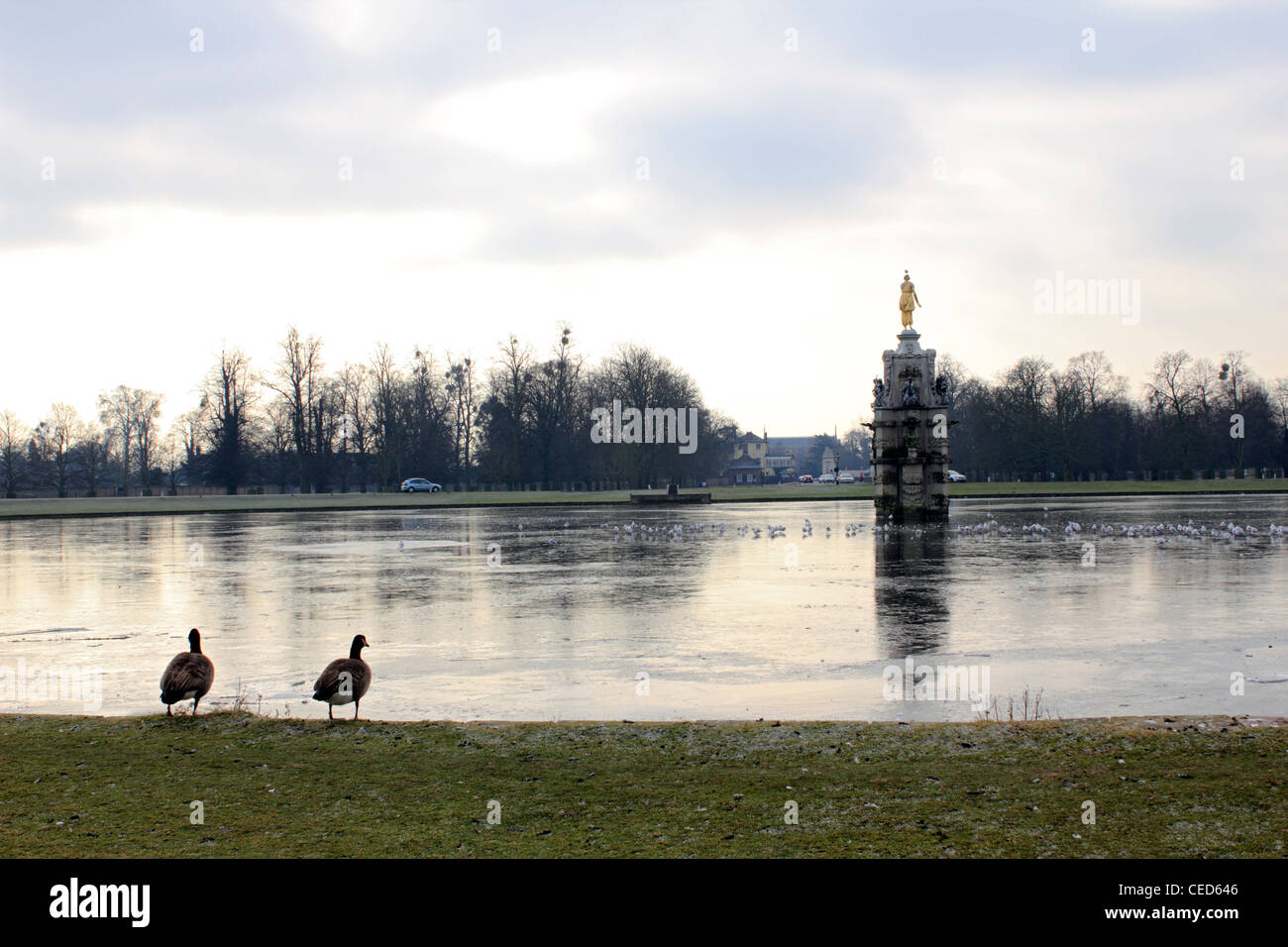 La fontana Diana laghetto congelato in inverno. Bushy Park Hampton SW Londra Inghilterra REGNO UNITO Foto Stock