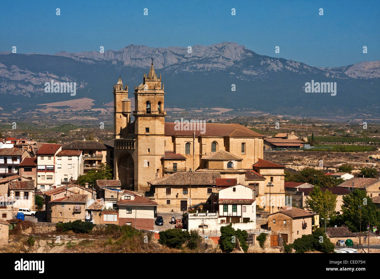 Il villaggio di Elciego, nella zona di produzione vinicola Rioja, la chiesa di San Andres. Foto Stock