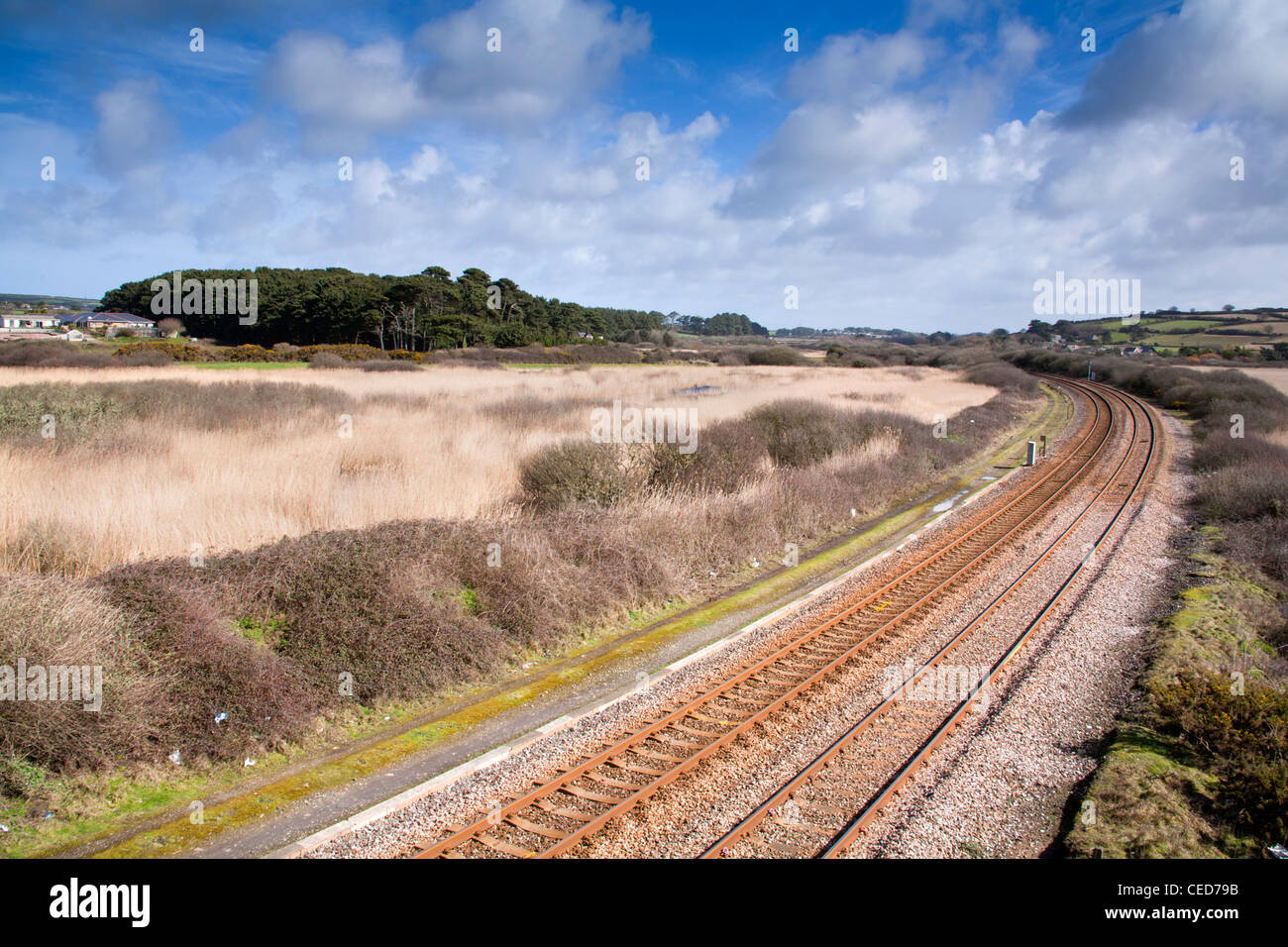 Marazion Marsh e la linea ferroviaria; Cornovaglia; Regno Unito Foto Stock