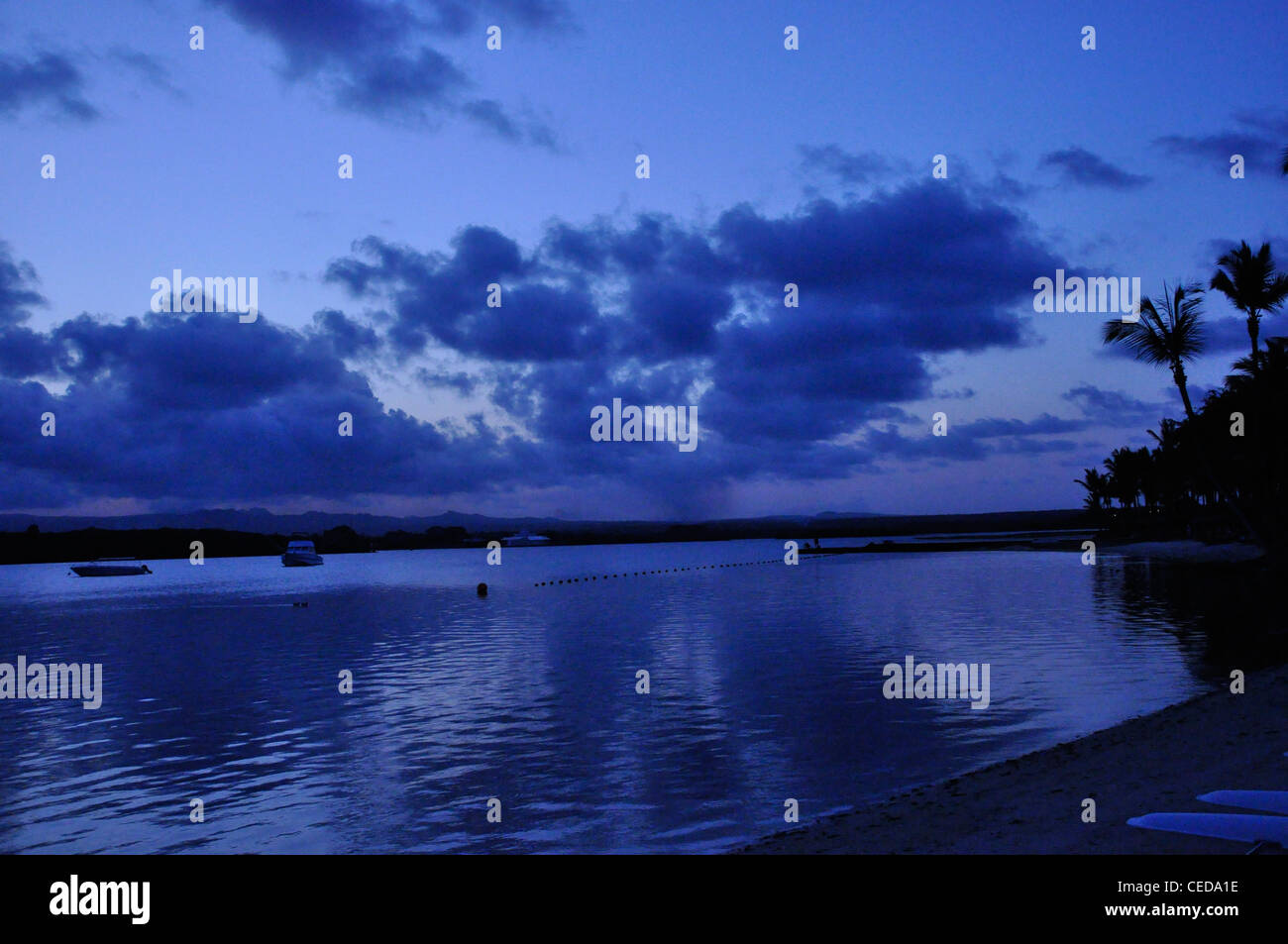 Notte Blu cielo tempo sub tropicale esotico riflessioni sagome Foto Stock