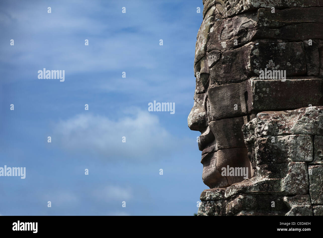 Faccia di pietra di Avalokiteshvara, tempio Bayon Foto Stock
