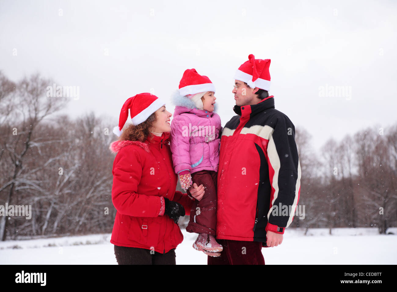 I genitori con il bambino sulle mani nel Parco in inverno Foto Stock