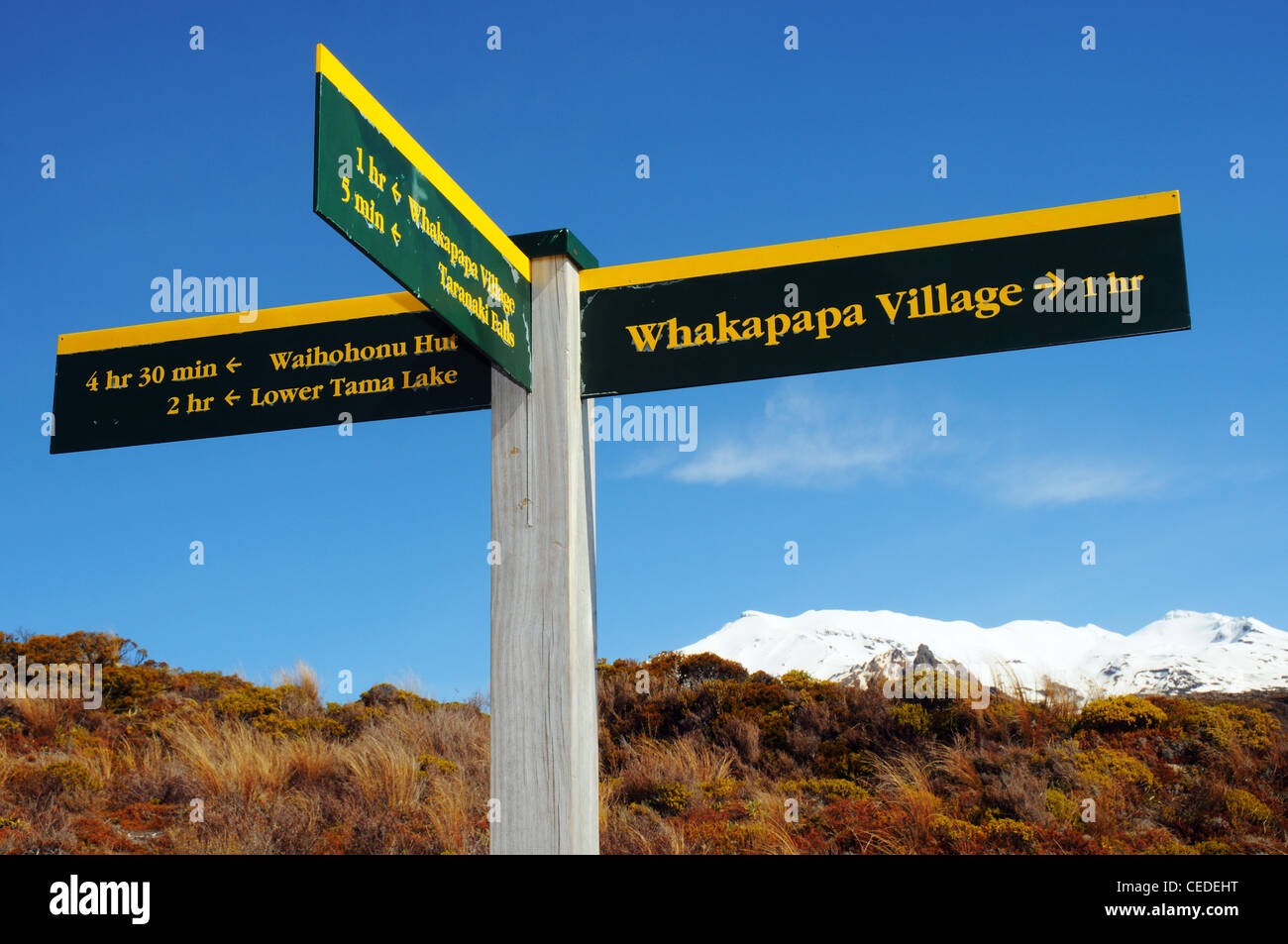Cartello sui percorsi escursionistici Whakapapa Village, parco nazionale di Tongariro, Nuova Zelanda con Ruapehu oltre Foto Stock