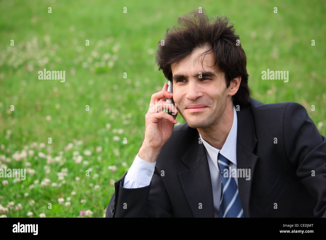 Imprenditore si siede sul prato e parla su cellulare Foto Stock