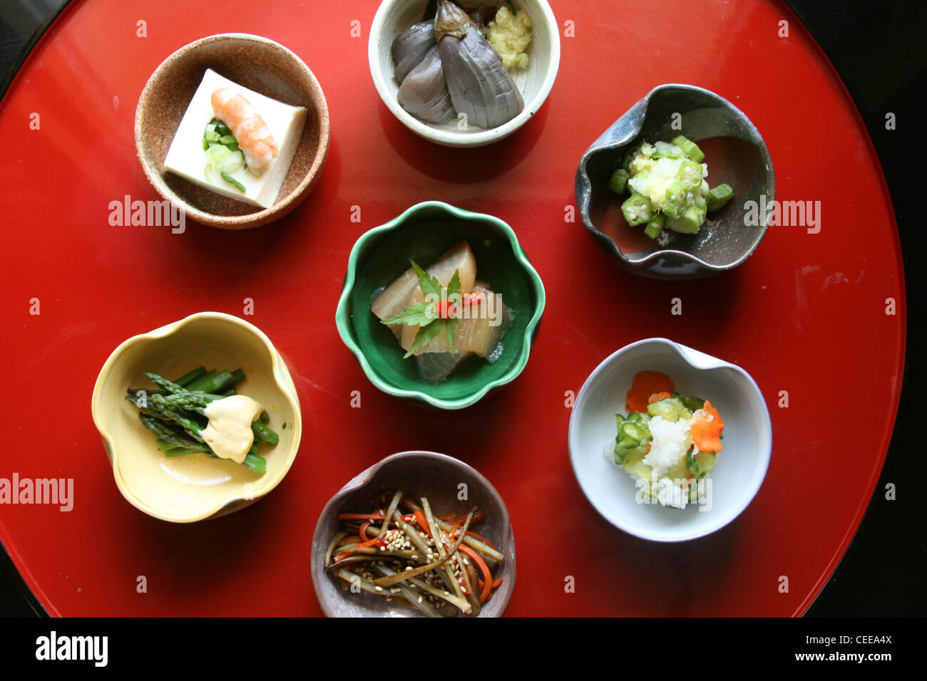 Varietà di bocce preparato autentica cucina Giapponese sottaceti piatti di verdure, pesce rosso lacca tofu vassoio daikon zenzero aubergine Foto Stock