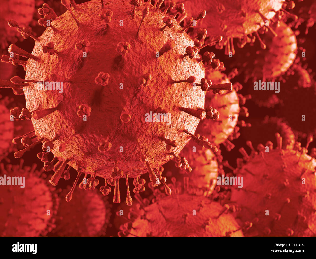 Un influenza aviaria virus H1N1 H5N1 nube di particelle. Colorato in rosso 3D illustrazione di diffusione di virus di influenza suina, influenza aviaria epidemia Foto Stock