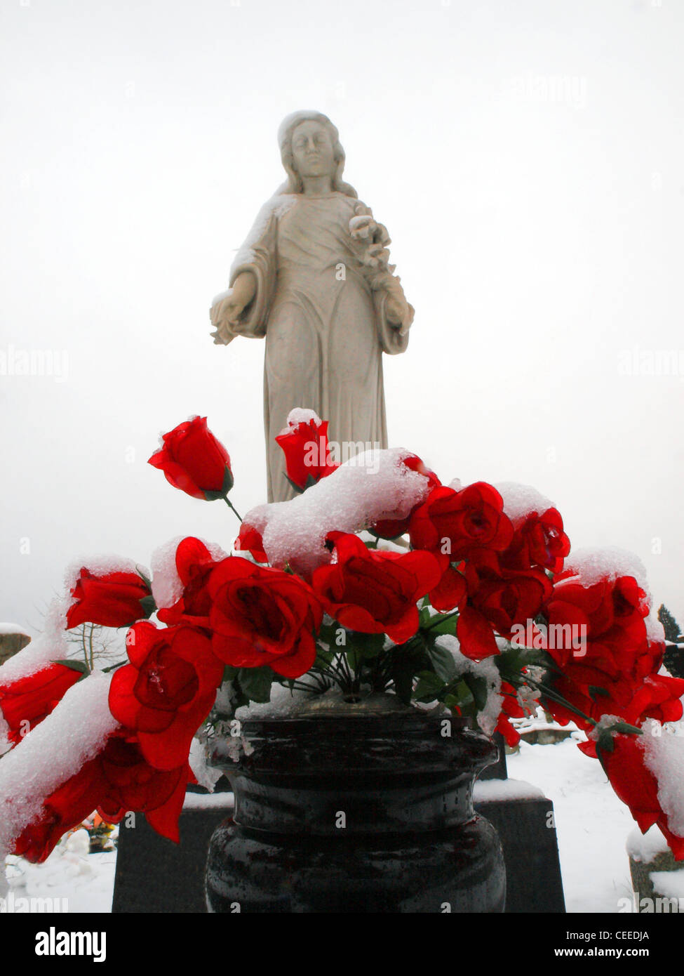 Neve fiori rivestito in un graveside in London Road cimitero in Mitcham, Londra. Foto Stock