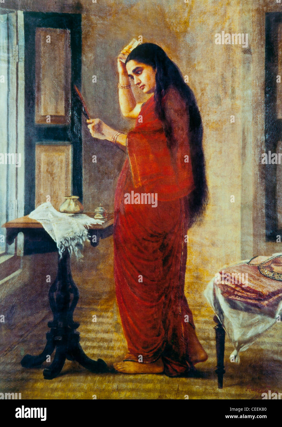 Raja Ravivarma pittura - La signora con uno specchio Foto Stock