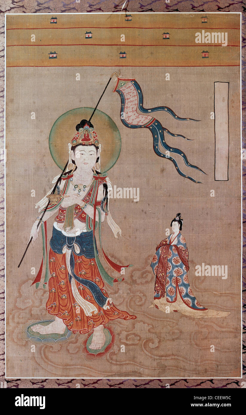 Arte cinese Decimo secolo. Guanyin guidare un'anima come una versione orientale del mito di Caronte. Foto Stock