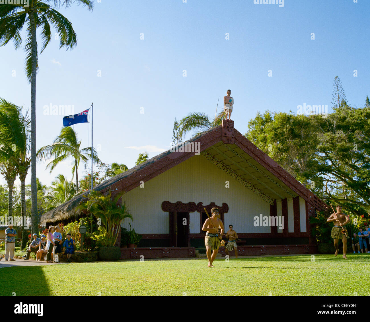 Maori marae Centro Culturale Polinesiano La'ie Oahu Hawaii Foto Stock