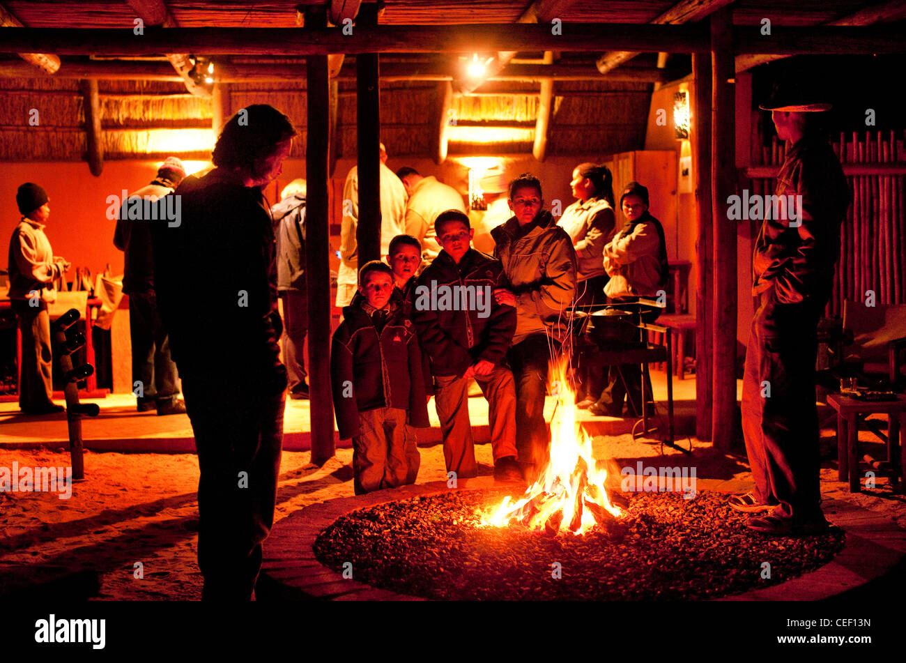 Kalahari stazione camp bush fire Foto Stock