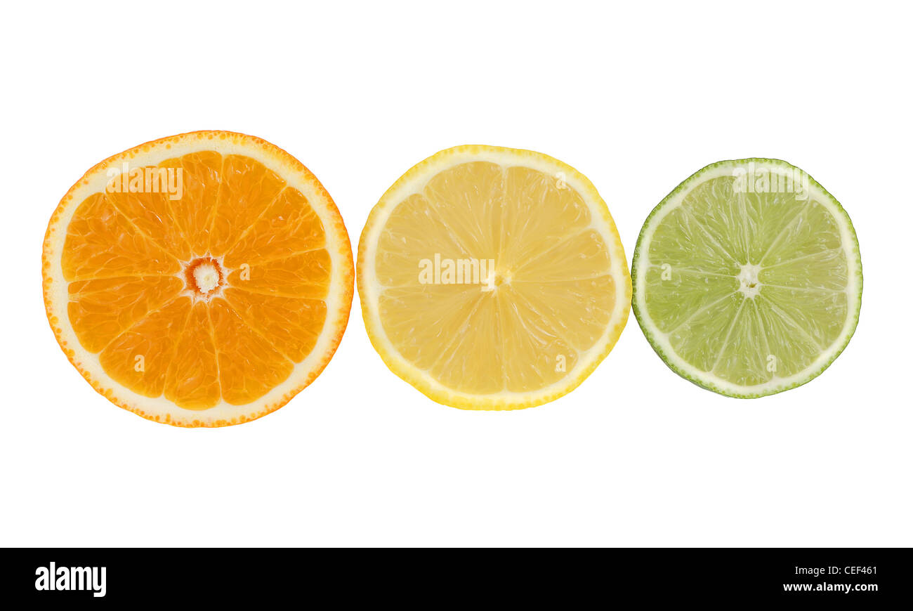 Arancio, limone e lime isolato su sfondo bianco Foto Stock